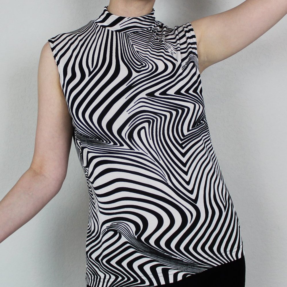Black white stripe zebra sleeveless high neck top